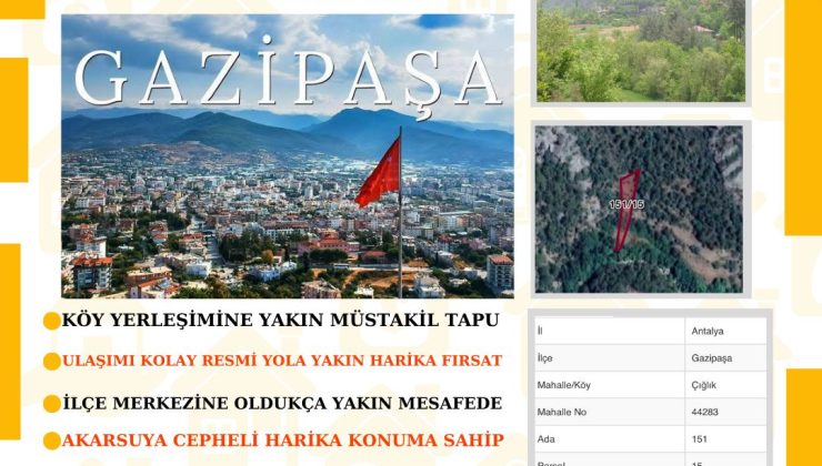 Antalya Gazipaşa’da Yatırım Fırsatı: Akarsuya Cepheli Müstakil Tapulu Tarla