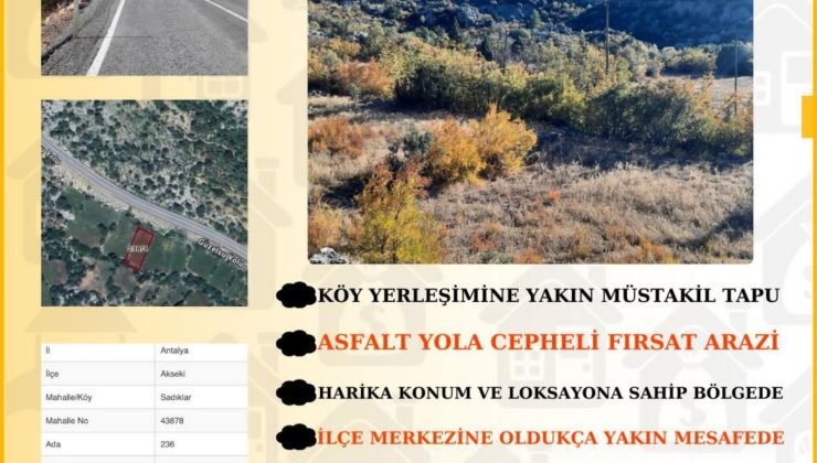 Antalya Akseki’de Yatırım Fırsatı: Asfalt Yola Cepheli Müstakil Tapulu Arazi