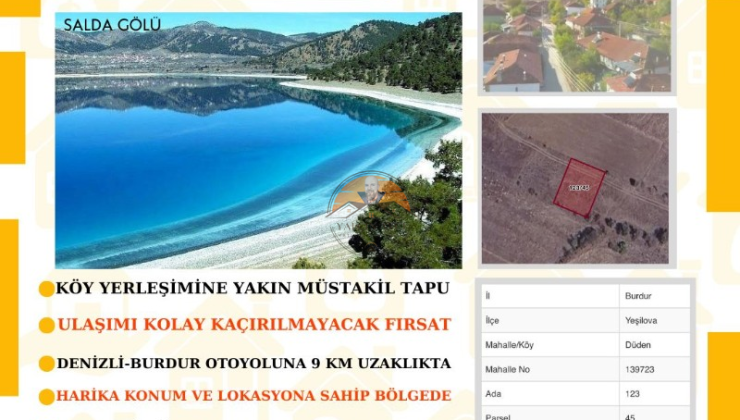 Burdur Yeşilova Düden Mahallesi’nde 514 m² Müstakil Tapulu Arazi: Salda Gölü’ne Yakın Yatırım Fırsatı