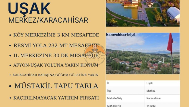 Uşak Merkez Karacahisar’da Yatırımlık Müstakil Tapulu Tarla