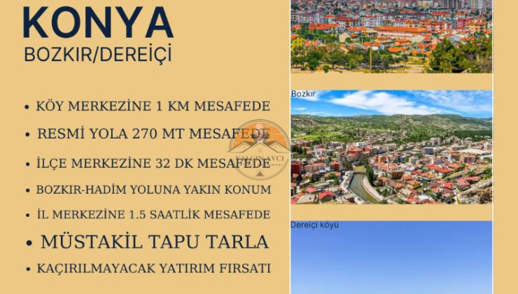 Konya Bozkır Dereici’nde Yatırımlık Müstakil Tapulu Tarla