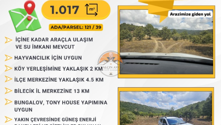 Bilecik Pazaryeri Esemen’de 1.017 m² Yatırımlık Arazi