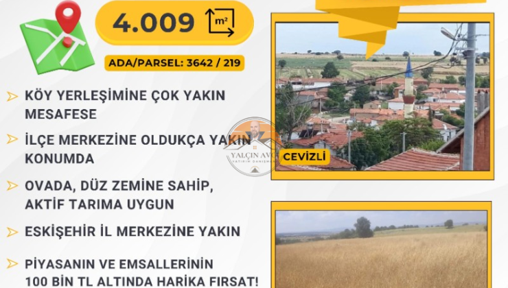 Eskişehir Seyitgazi Cevizli’de 4.009 m² Tarım Arazisi – Aktif Tarıma Uygun Kaçırılmayacak Fırsat