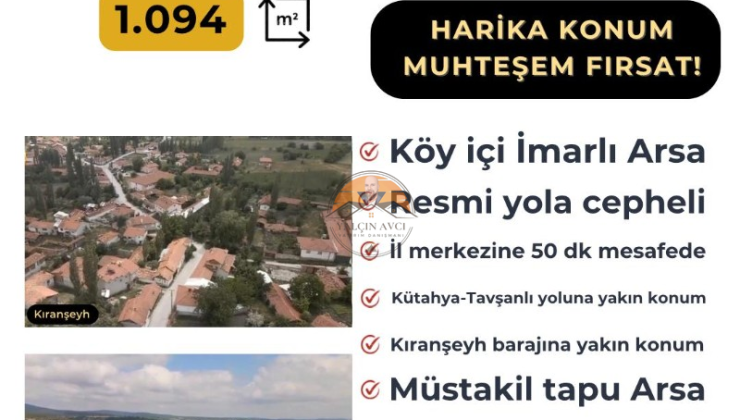 Kütahya Merkez Kıranşeyh’te 1.094 m² Müstakil Tapulu Arsa – Yatırım İçin Kaçırılmayacak Fırsat