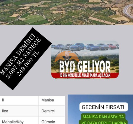 Manisa Demirci Gümele’de 2.097 m² Müstakil Tapulu Yatırımlık Arazi – Kaçırılmayacak Fırsat